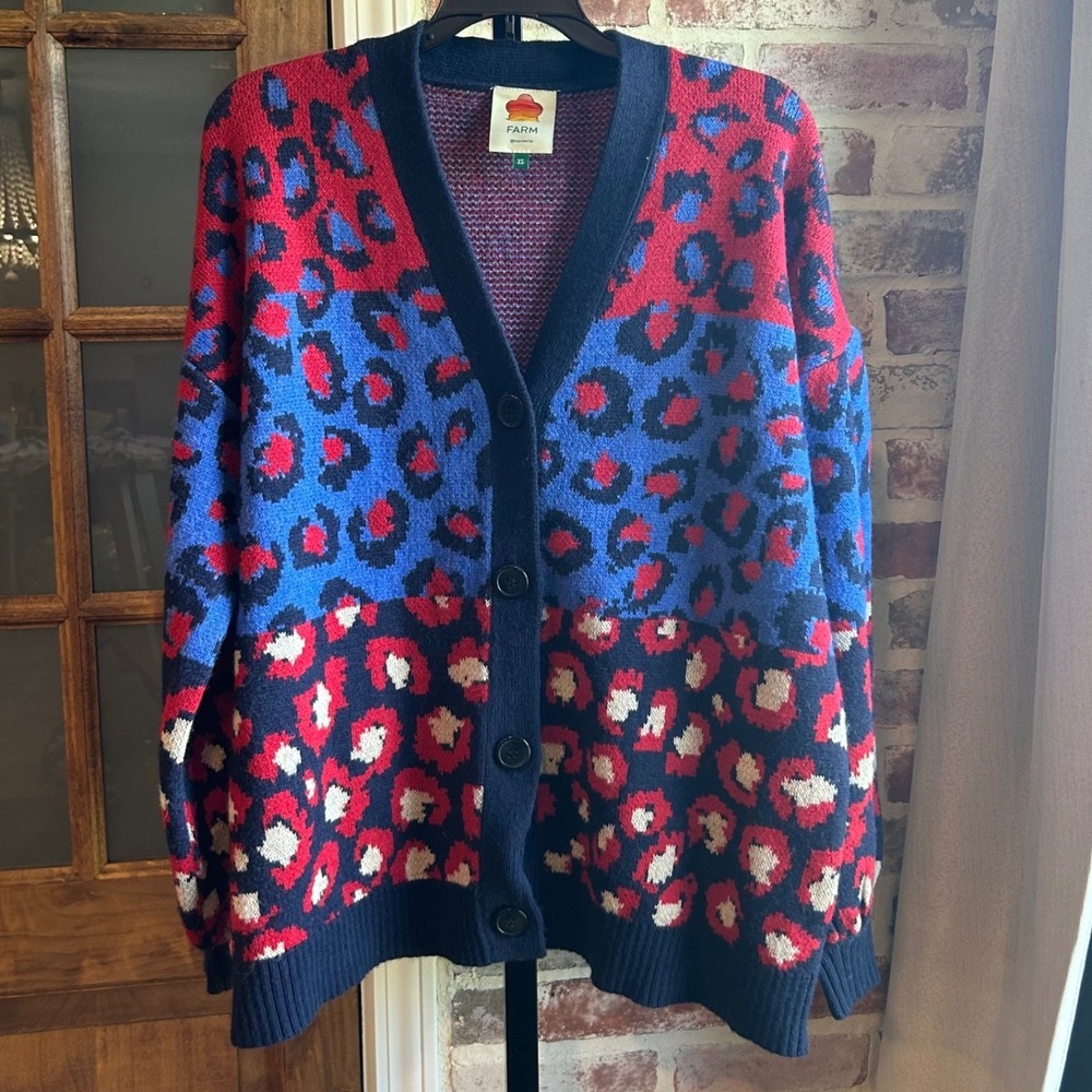 Farm Rio Cardigan Sweater Women Blue Red Leopard Print Wool Blend Oversized XS